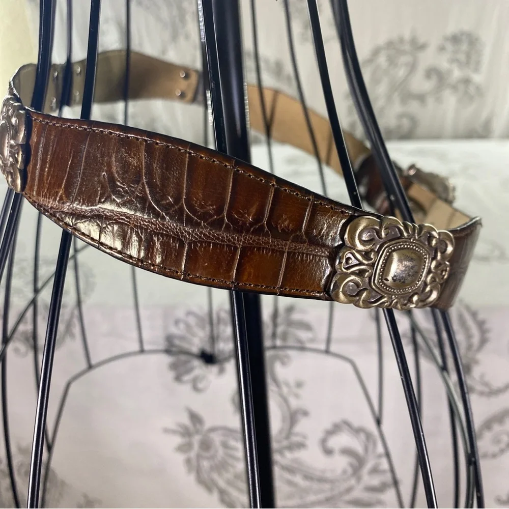 VTG FOSSIL LEATHER CROCO-EMBOSSED‎ WESTERN BELT, ORNATE CONCHOS & BUCKLE, M/L